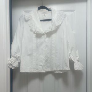 M/L White Button Down Blouse Edwardian Style Shawl Collar Eyelet Embroidery